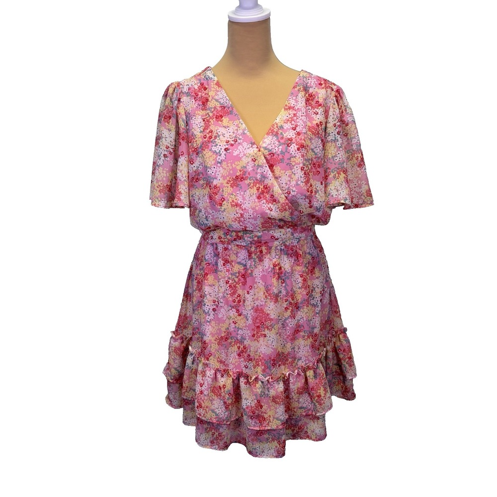 B Smart Midi Dress‎ Size 7 Pink Floral Twee Cottage Core Peasant Coquette Sheer